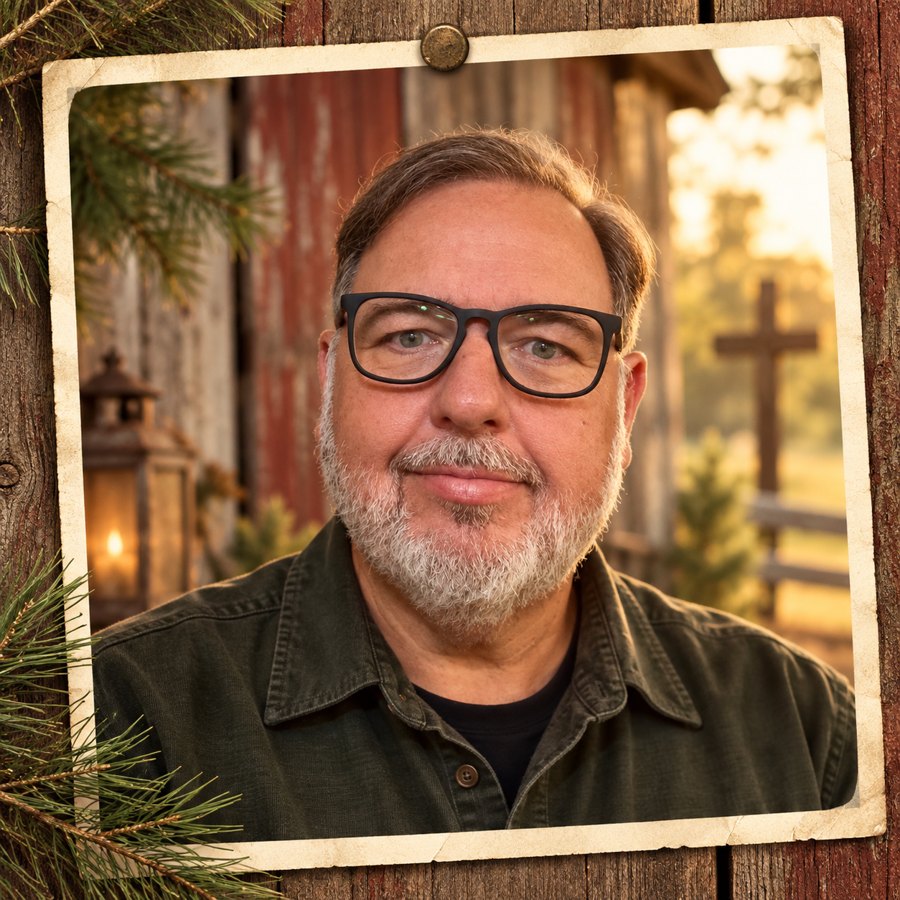 Pastor Jody Harrison in front of a weathered barn at sunset